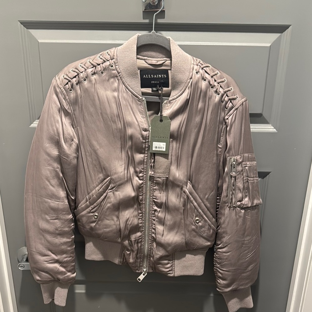 All Saints Gray Bomber Jacket with Ribbed Details